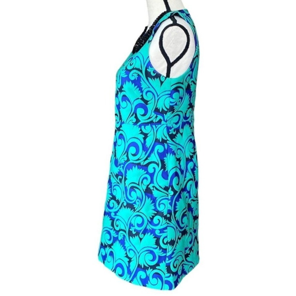 Stunning‎ Sleeveless Beaded Collar Dress Bold Blue Teal Print A-Line Women 4 - Picture 6 of 15